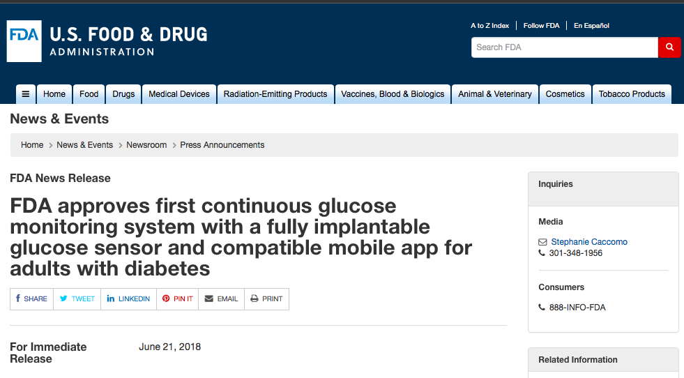 FDA批准首款全植入连续血糖监测系统上市 可用90天