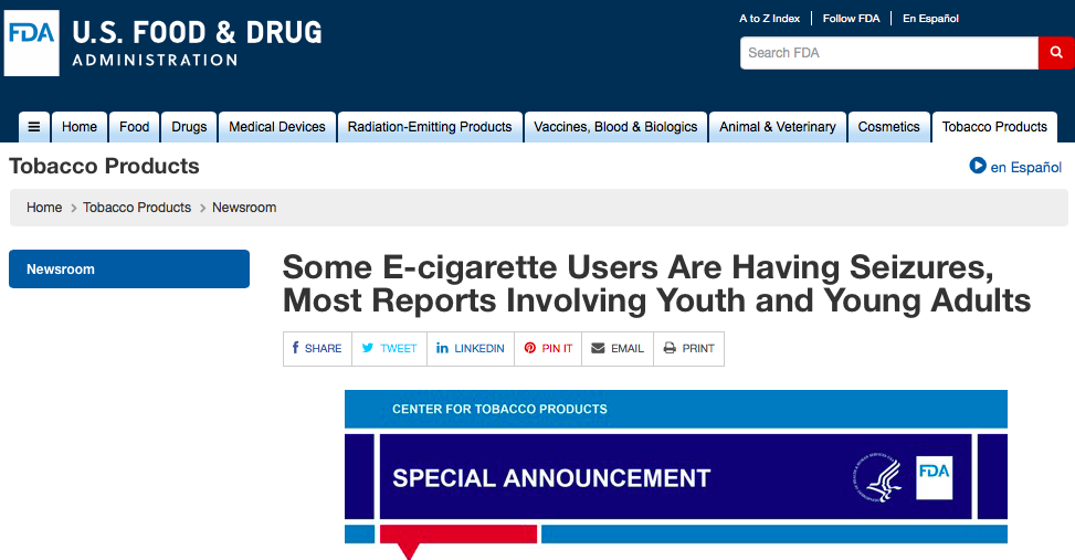 电子烟或引发癫痫 FDA已收到数十起相关报告